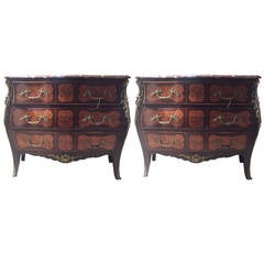 Pair of Louis XV Style Kingwood Commodes with Bronze Mounts and Marble Tops