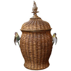 Bronze and Enameled Bronze Basket Weave Urn with Bird Motif