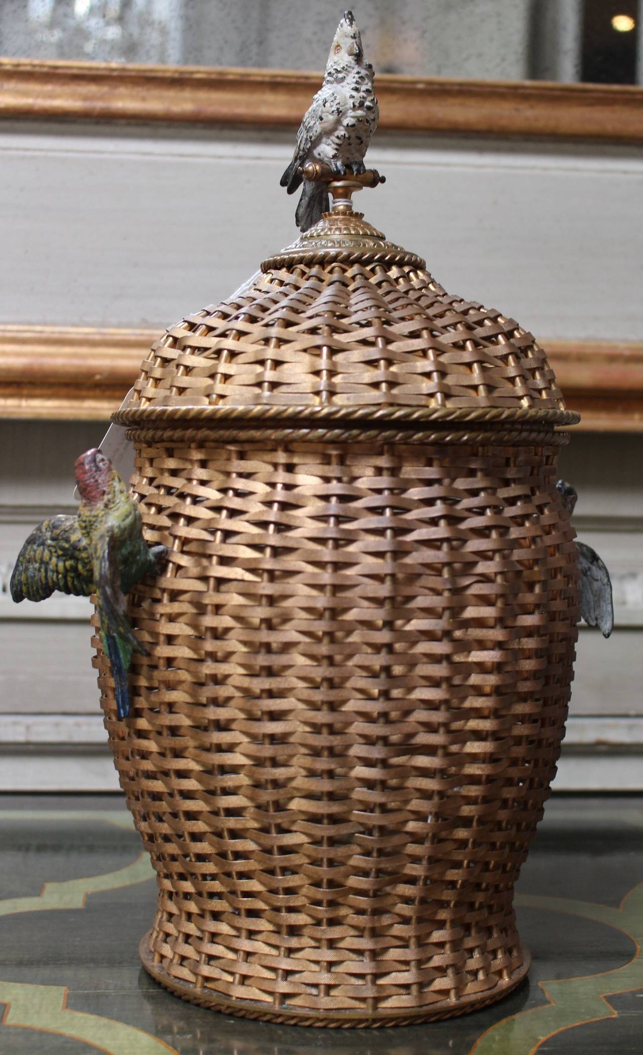 Bronze and Enameled Bronze Basket Weave Urn with Bird Motif