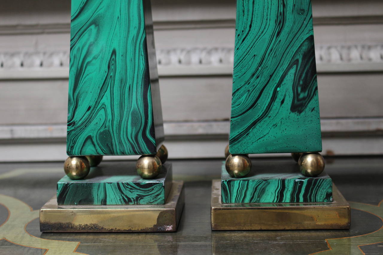 Pair of Faux Malachite Enameled Brass Obelisk In Good Condition In Dallas, TX