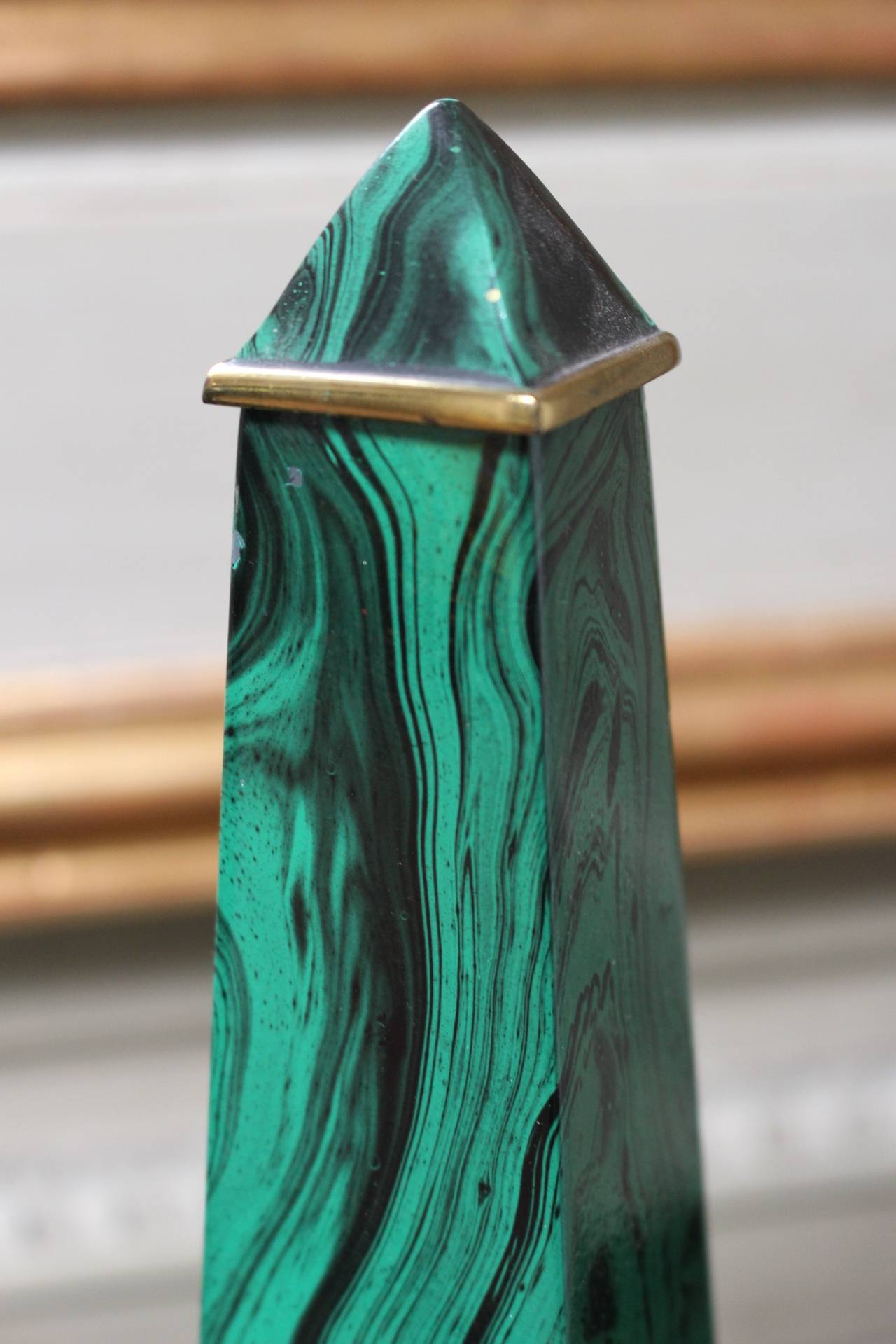 French Pair of Faux Malachite Enameled Brass Obelisk