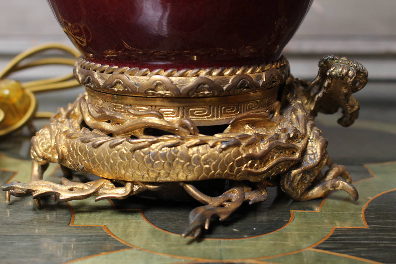 Bronze Sang de Boeuf Table Lamp with Dragon Motif and Ormolu Mounts