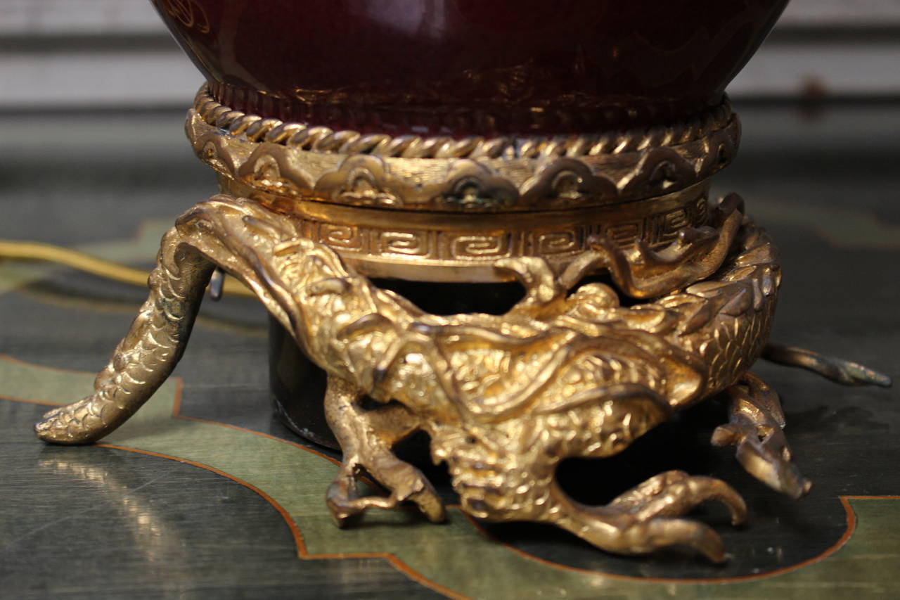 Sang de Boeuf Table Lamp with Dragon Motif and Ormolu Mounts 1