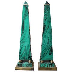 Pair of Faux Malachite Enameled Brass Obelisk