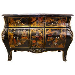French Lacquered Chinoiserie Commode with Bronze Mounts and Marble Top