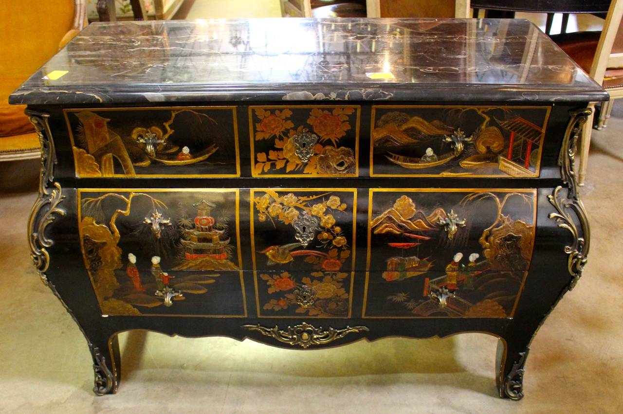 French Lacquered Chinoiserie Commode with Bronze Mounts and Marble Top