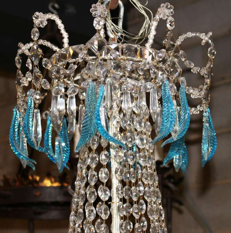 Faceted French Directoire Style Iron and Crystal Chandelier with Blue Crystal Feathers For Sale