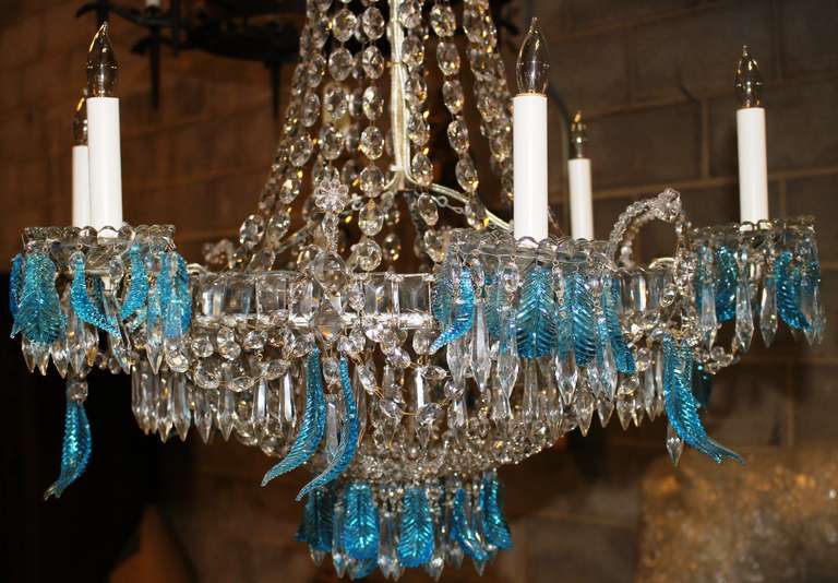 French Directoire Style Iron and Crystal Chandelier with Blue Crystal Feathers In Good Condition For Sale In Dallas, TX