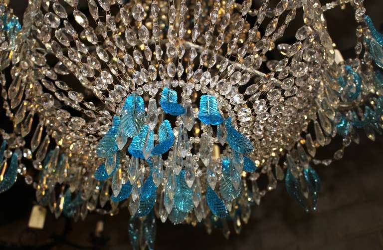 20th Century French Directoire Style Iron and Crystal Chandelier with Blue Crystal Feathers For Sale