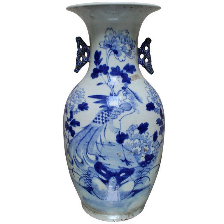 Blue and White Chinese Porcelain Vase with Peacock and Floral Motif For