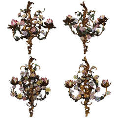 Antique Set of Four Louis XV Style Porcelain and Bronze Sconces