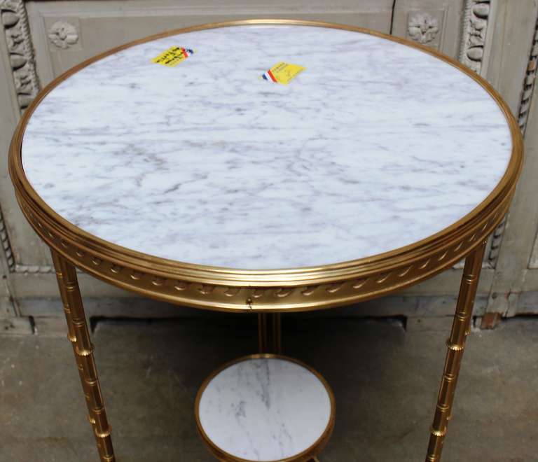 Contemporary French Louis XVI Style Bronze, Burled Walnut Side Table with a White Marble Top