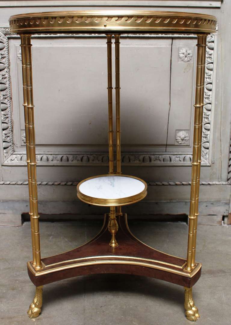French Louis XVI Style Bronze, Burled Walnut Side Table with a White Marble Top In Excellent Condition In Dallas, TX