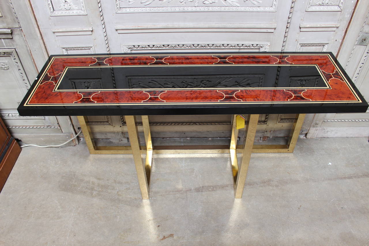 A French Bronze Console Table with a Faux Tortoise and Ivory Painted Top In Good Condition In Dallas, TX