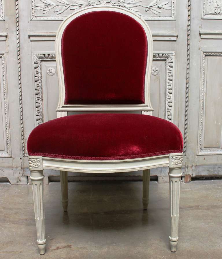 A set of twelve French Louis XVI style dining room chairs with a painted pale gray finish. They are larger than most dining room chairs in this style.