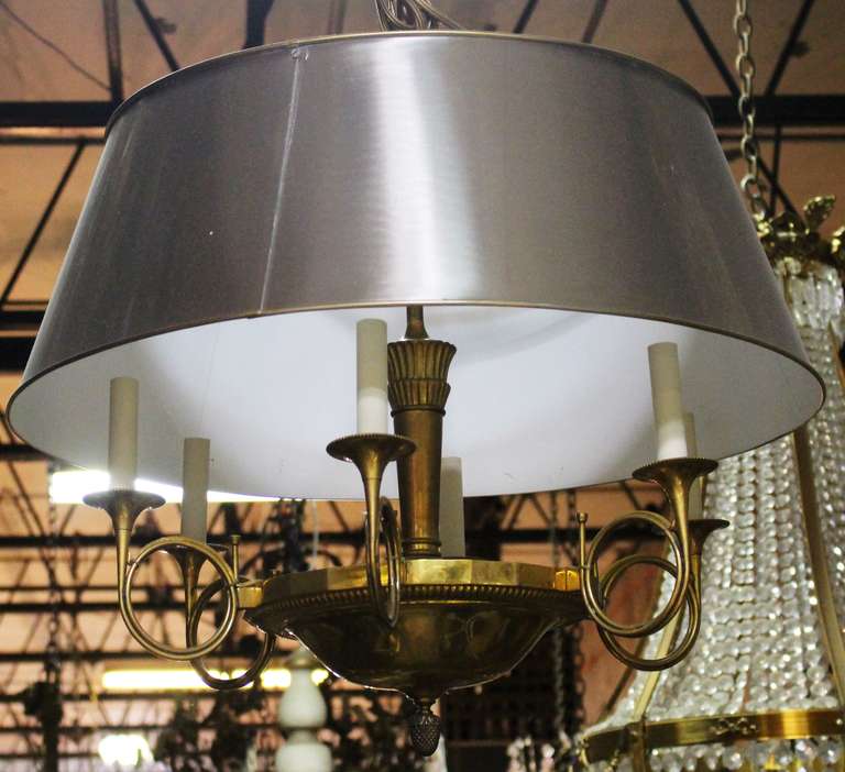 A French Louis XVI Style Six Arm Bouillotte Chandelier with a Metal Tole Shade with Bronze Trim