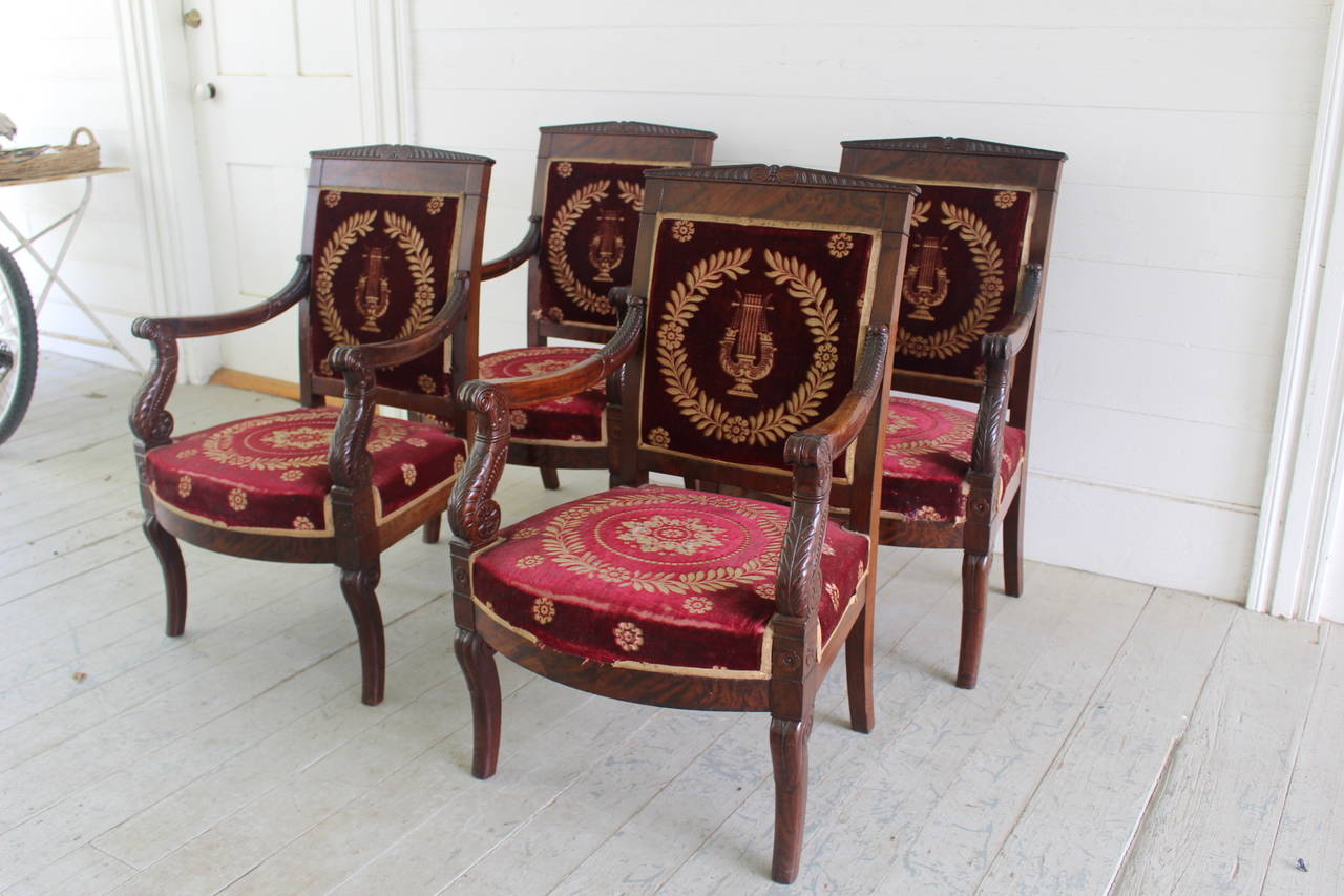 Set of Four 19th Century French Empire Mahogany Armchairs For Sale 1