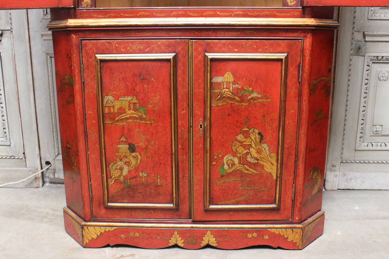 19th Century English Georgian Style Red Japanned and Parcel-Gilt Corner Cupboard
