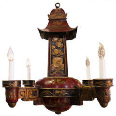 French Painted Wood and Tole Four Arm Chinoiserie Chandelier