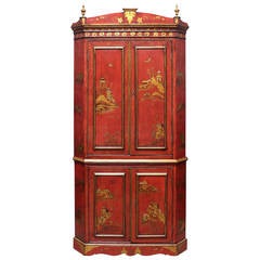 English Georgian Style Red Japanned and Parcel-Gilt Corner Cupboard
