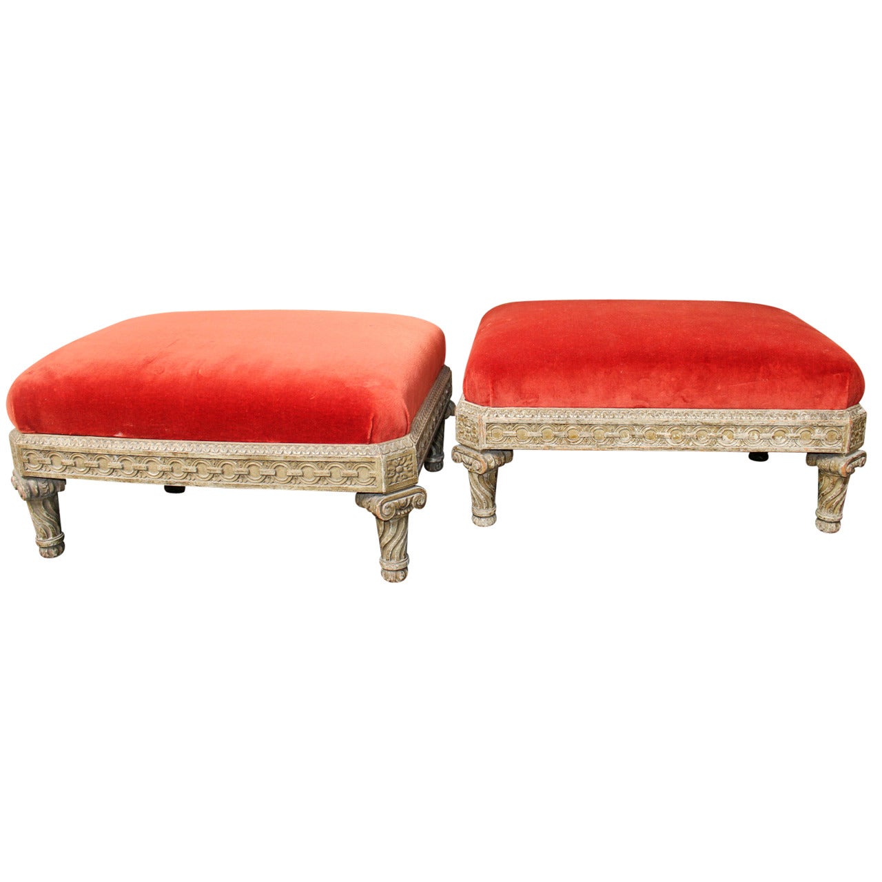 Pair of Beautifully Carved Louis XVI Style Painted Wood Tabourets