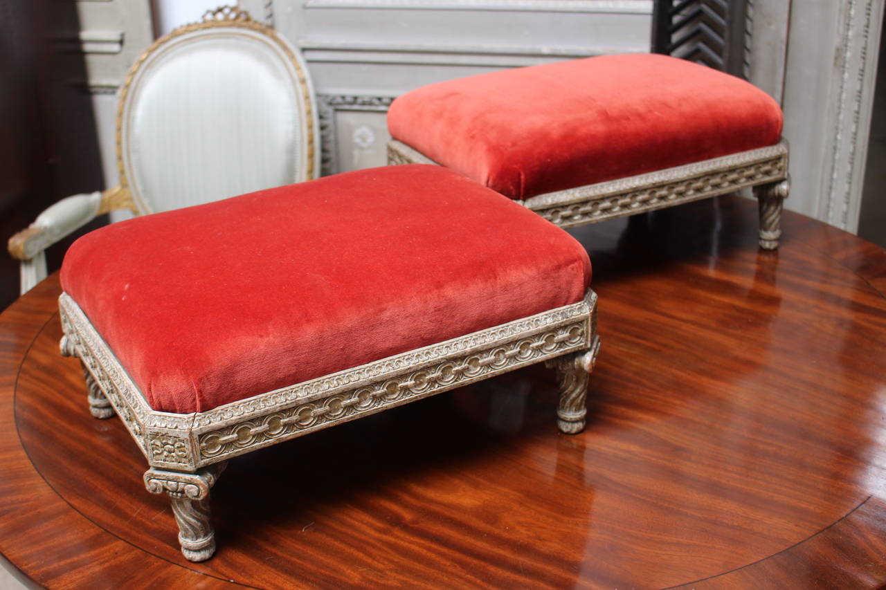 French Pair of Beautifully Carved Louis XVI Style Painted Wood Tabourets