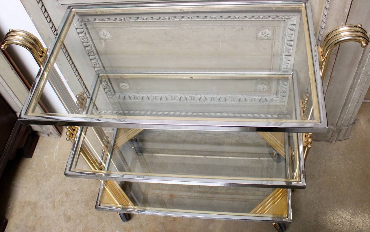 Italian Art Deco Style Brass and Chrome Bar Cart In Good Condition In Dallas, TX