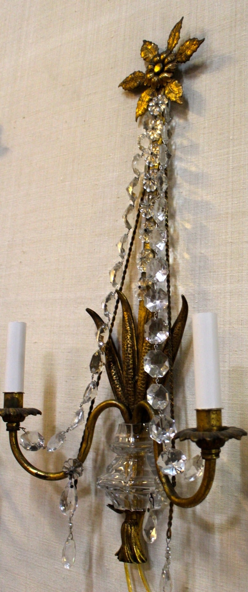 Regency Pair of Gilded Iron and Crystal Sconces