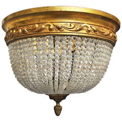French Bronze and Crystal Ceiling Mount Light Fixture