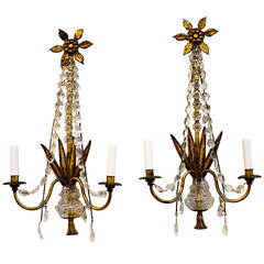 Pair of Gilded Iron and Crystal Sconces