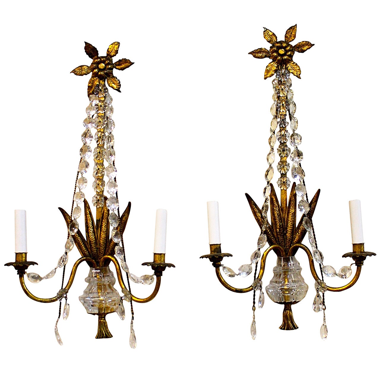 Pair of Gilded Iron and Crystal Sconces