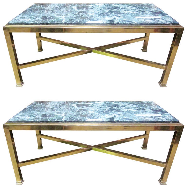 Pair of Brass Cocktail Tables with Green Marble Tops For Sale at 1stdibs