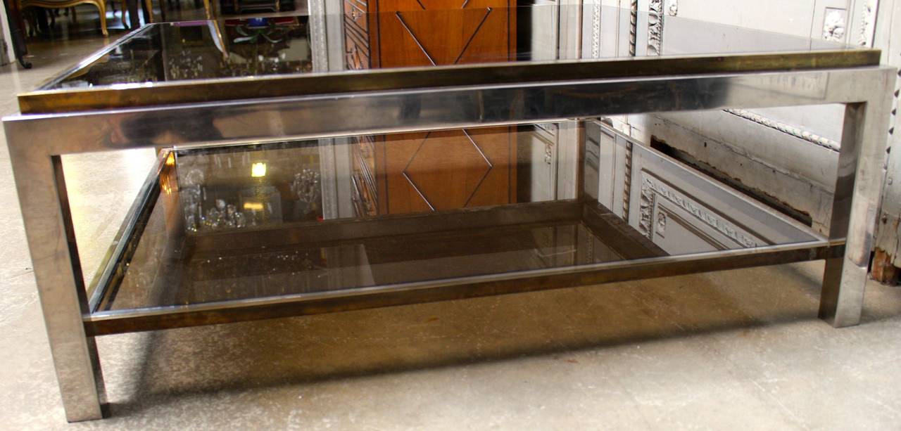 French Brass and Chrome Cocktail Table with Smoke Glass In Good Condition In Dallas, TX