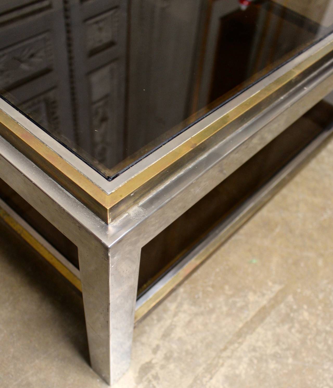 20th Century French Brass and Chrome Cocktail Table with Smoke Glass
