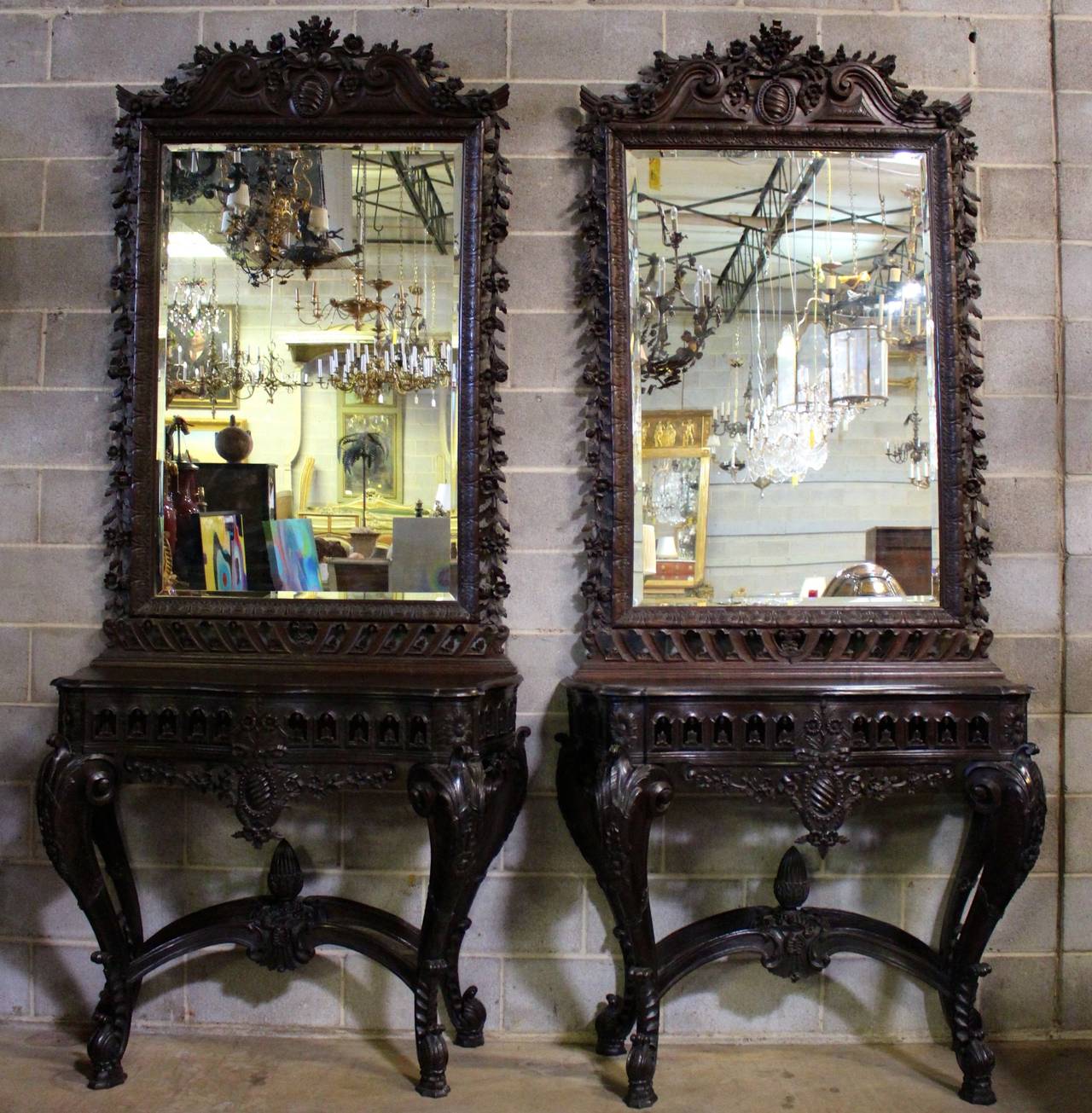 Rococo Revival 19th Century Pair of Portuguese Rococo Style Console Tables and Mirrors For Sale