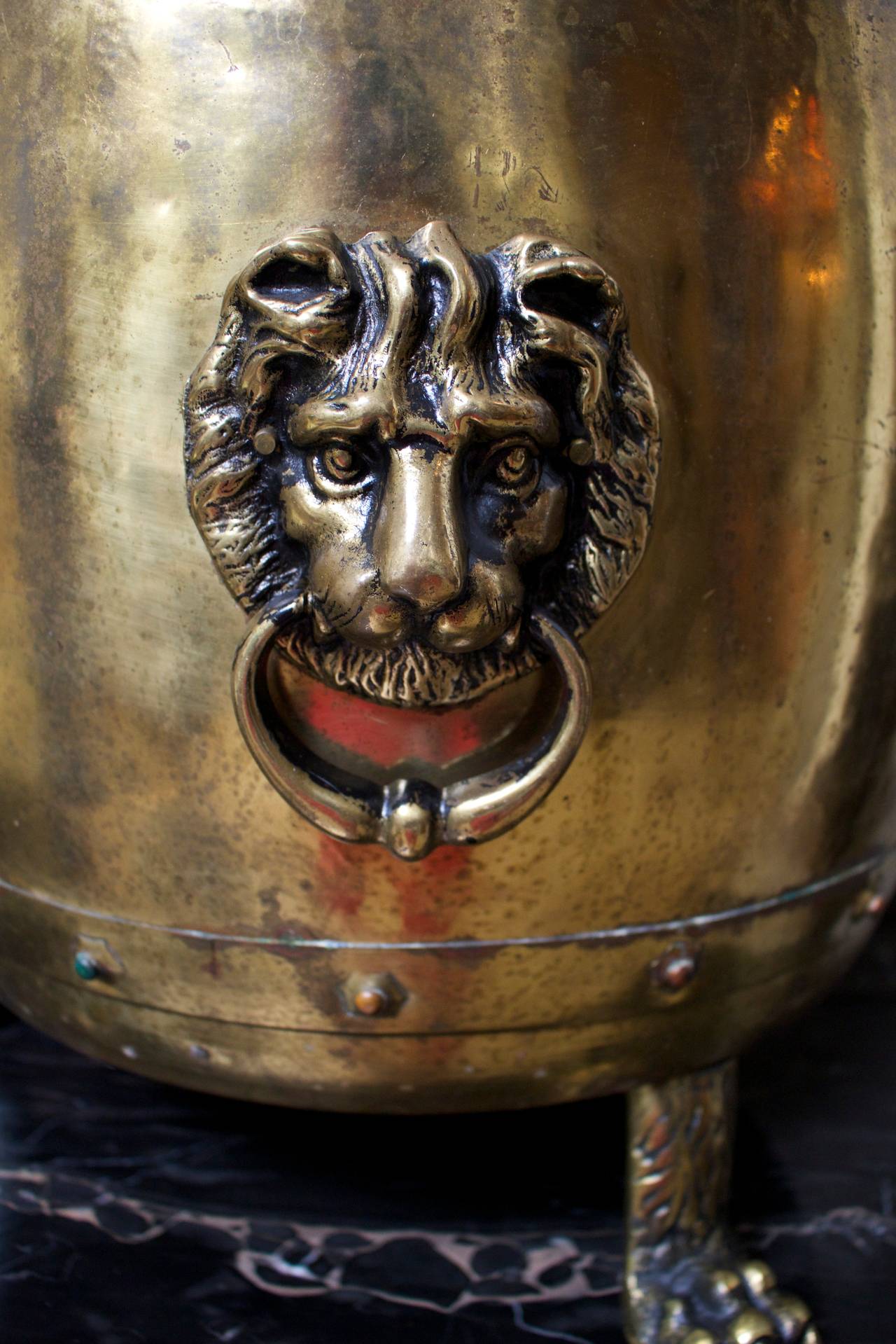 Cast Pair of 19th Century English Brass Planters with Lion Handles