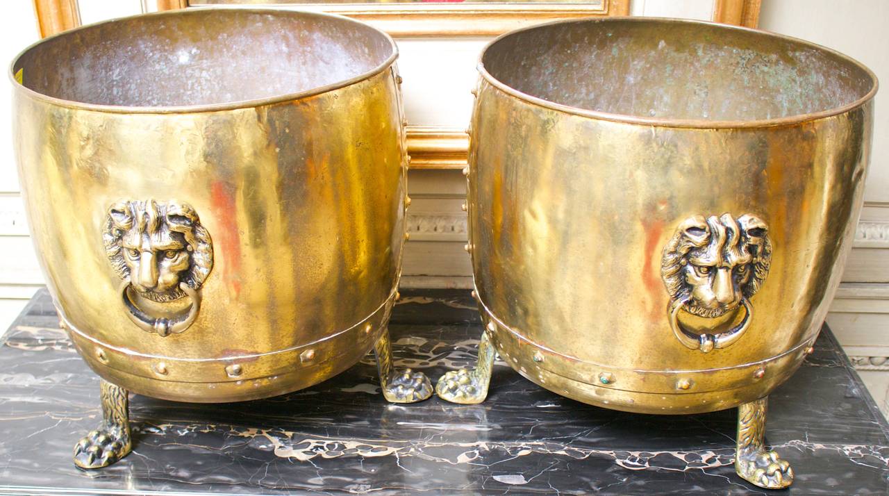 A pair of 19th century English brass Georgian style planters with lion handles.
