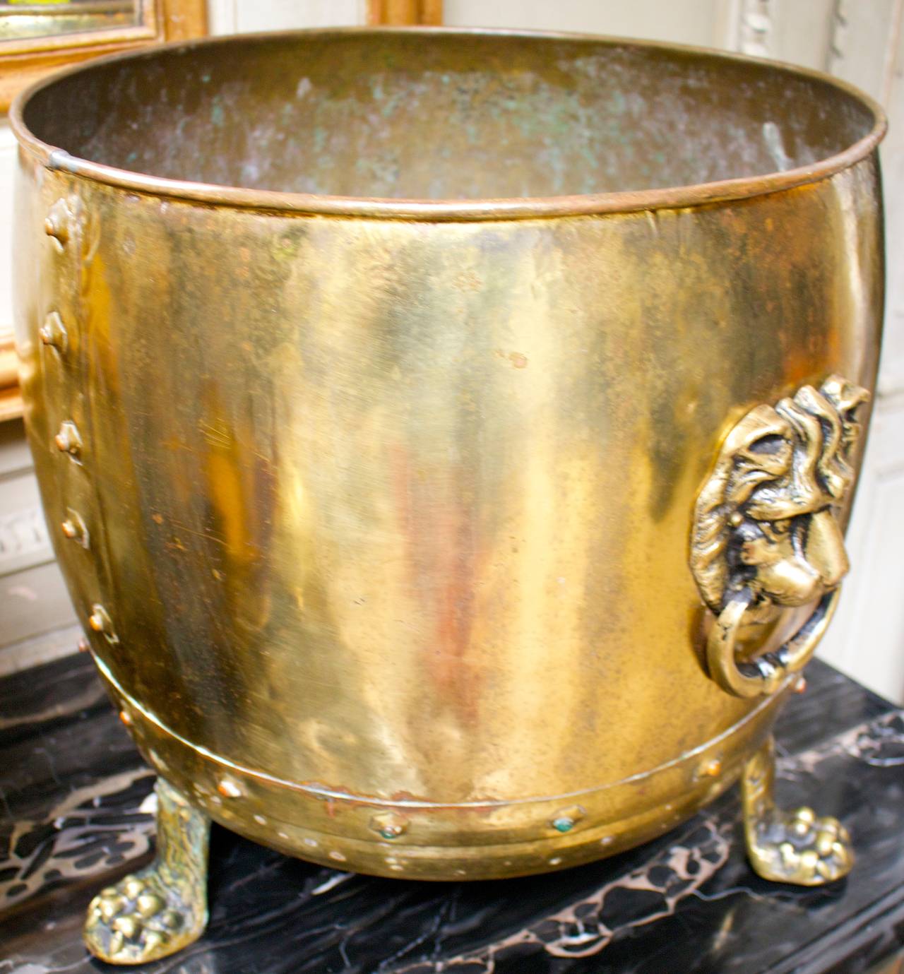 George II Pair of 19th Century English Brass Planters with Lion Handles