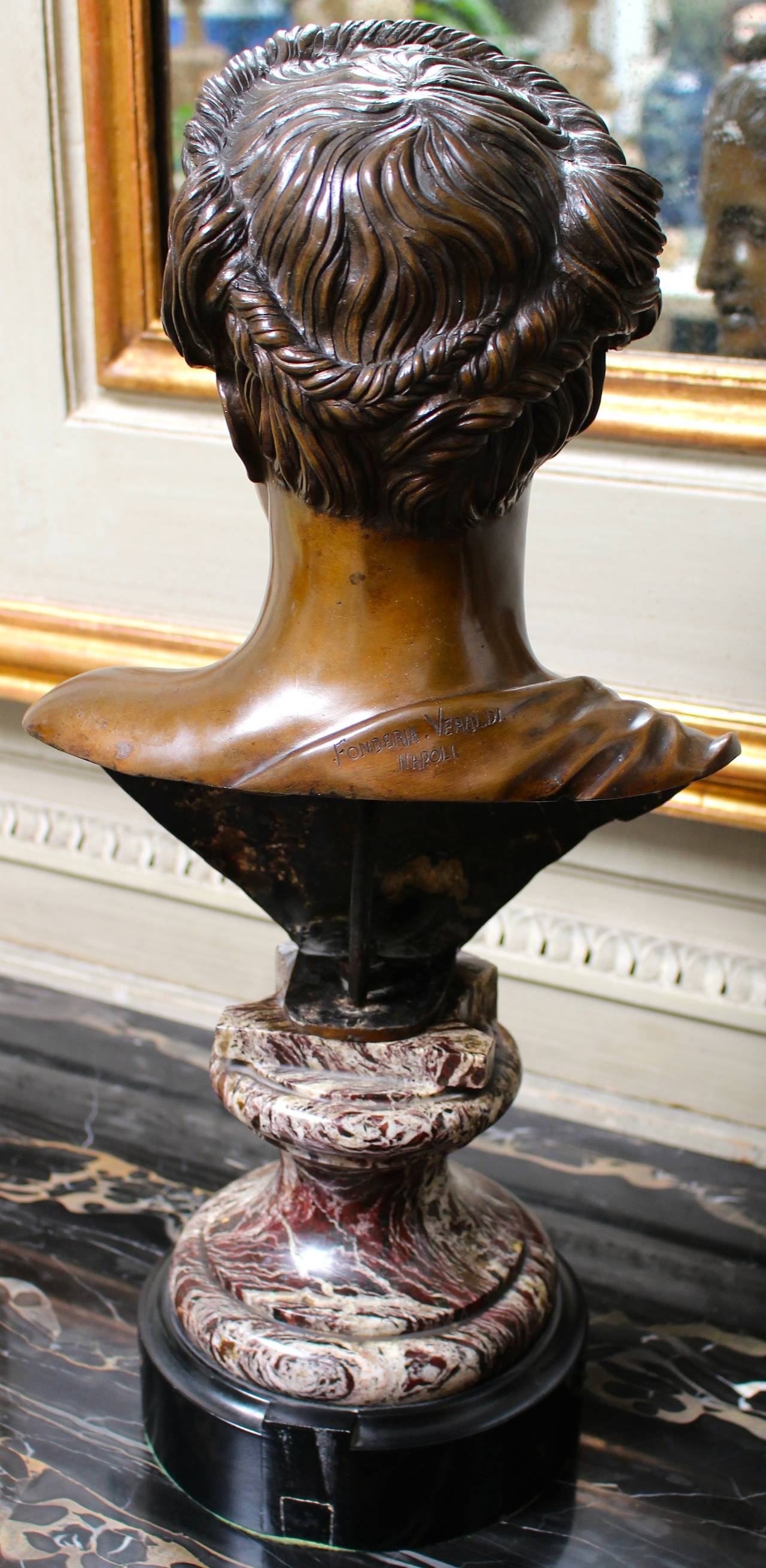 Neoclassical Revival Italian Bronze Bust of a Woman in the Classical Manner on Marble Base For Sale