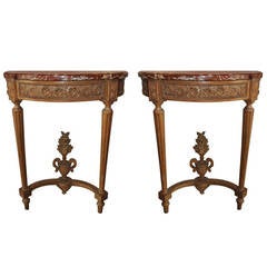Pair of French Louis XVI Style Console Tables with Marble Tops