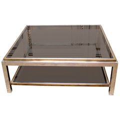 French Brass and Chrome Cocktail Table with Smoke Glass