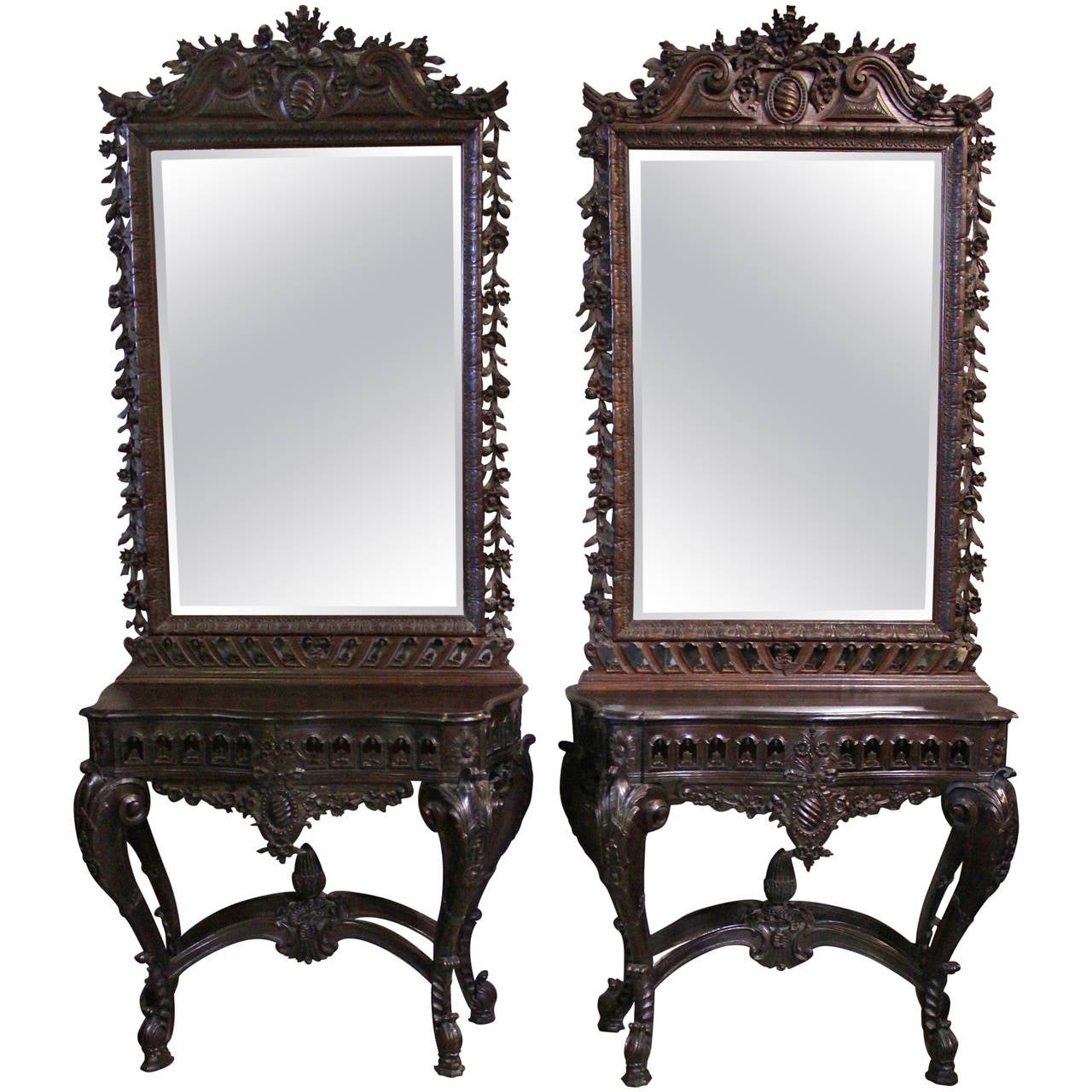 Pair of Portuguese Carved Chestnut Consoles and Mirrors For Sale at 1stdibs