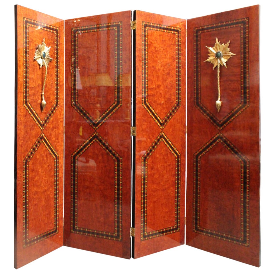 Continental Four-Panel, Parquetry and Bronze Folding Screen