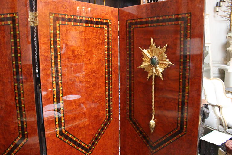 20th Century Continental Four-Panel, Parquetry and Bronze Folding Screen