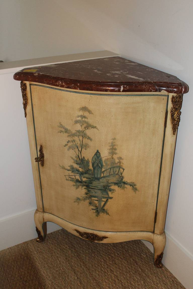 French Louis XV Style Corner Cabinet with a Painted Finish and Marble Top