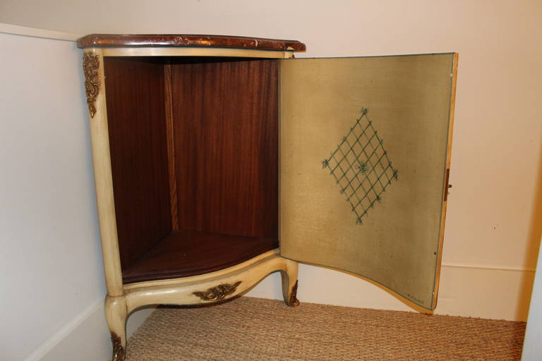 Bronze Louis XV Style Corner Cabinet with a Painted Finish and Marble Top