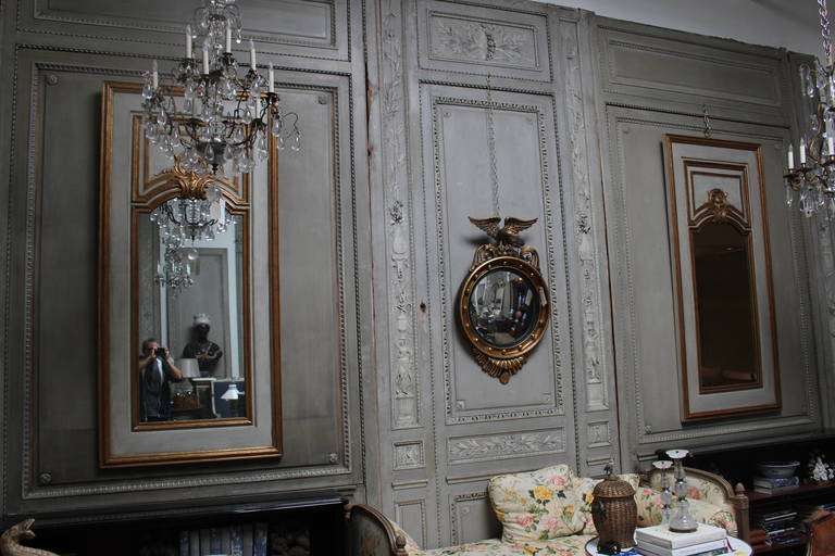 Régence Pair of French Regence Style Mirrors in a Gray Painted and Gilt Finish For Sale