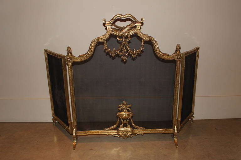 French Louis XVI style bronze fire screen with side panels.