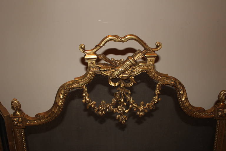 French Louis XVI Style, Three-Panel Bronze Fire Screen In Good Condition In Dallas, TX