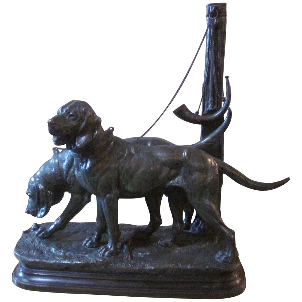 A French 19th Century Patinated Bronze Sculpture of a Pair of Hunting Dogs